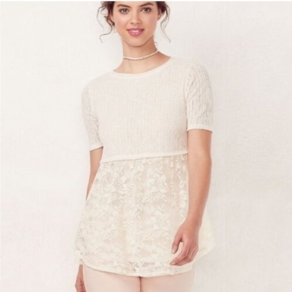 LC Lauren Conrad Cream Lace Peplum Knit Top
